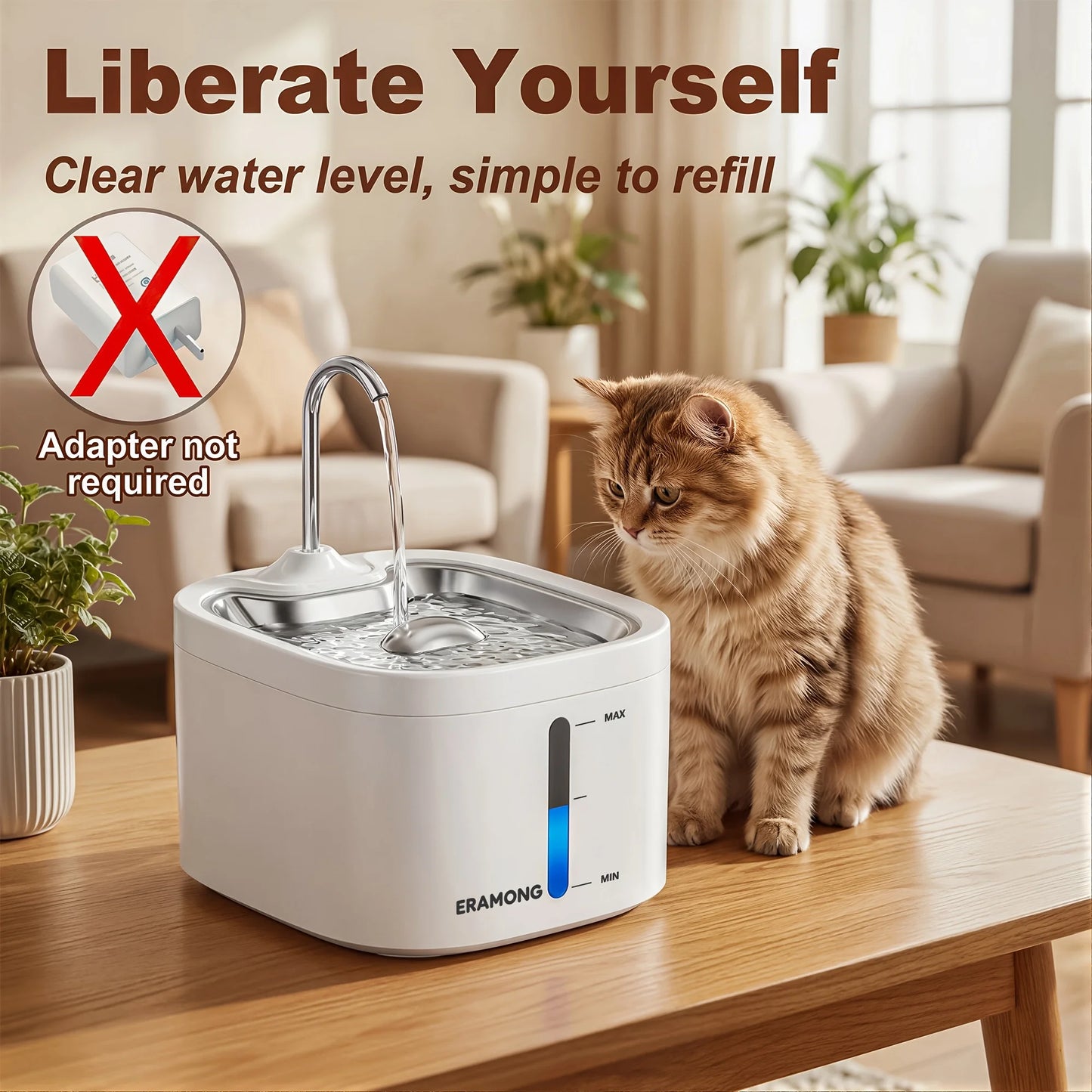 3.5L/118oz Cat Drinking Fountain with Stainless Steel Tray, Stainless Steel Water Tap Automatic Pet Water Dispenser, ABS Plastic Automatic Dog Water Fountain Water Bowl And Distributor, Does Not Include Adapter