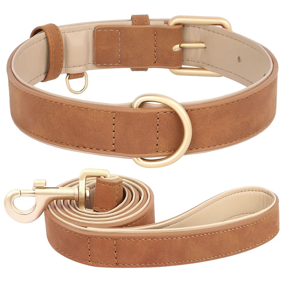 Soft Padded Dog Collar Leash Set PU Leather Pet Dog Collars Necklace With Walking Lead Rope Adjustable For Small Medium Dogs Pug