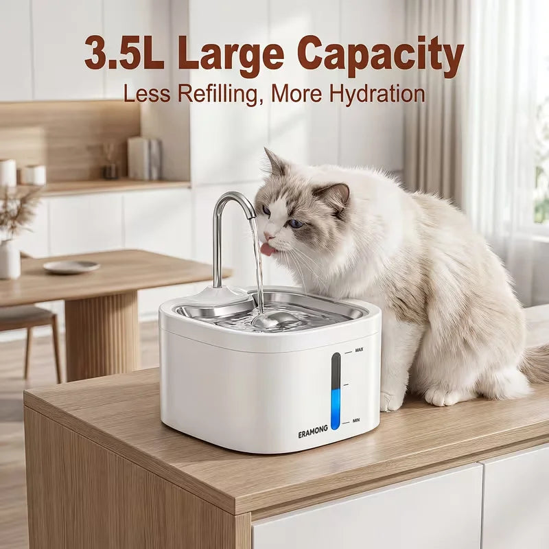 3.5L/118oz Cat Drinking Fountain with Stainless Steel Tray, Stainless Steel Water Tap Automatic Pet Water Dispenser, ABS Plastic Automatic Dog Water Fountain Water Bowl And Distributor, Does Not Include Adapter